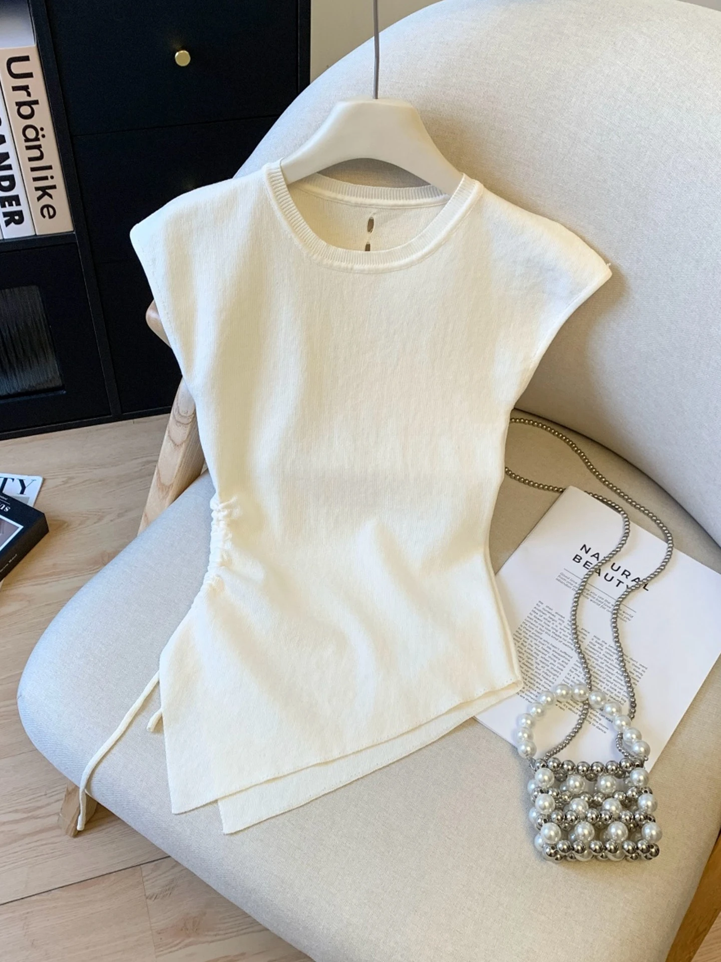 

Ele Bal Svel Knitted Top Women's Summer New Dstring Waist Slimming Faionable Hollow out Design Knitwear