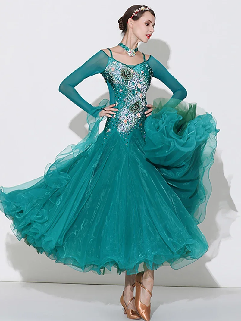 

Green Women Bright diamond Skirt Hem Mesh Modern Dance Dress Adult Female National Standard Costume Performance Dancewear S7033