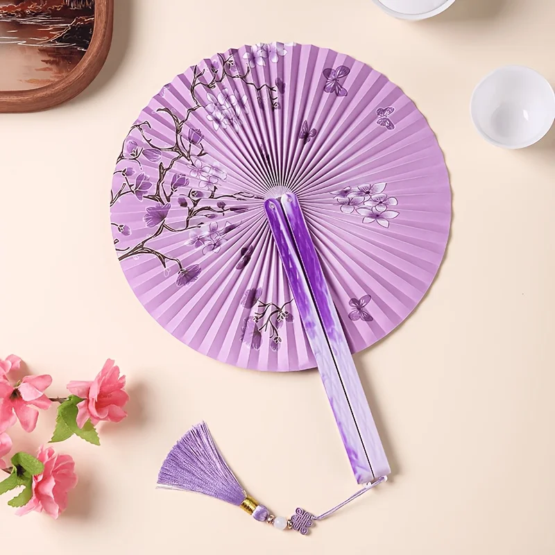 Folding Long-Handle Paper Hand Fan with Tassels, Compact Women's Pocket Fan with Magnetic Closure, Easy to Store and Carry
