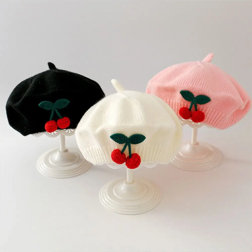Cute Kawaii Cherry Beret Hat Spring Autumn Artist Knit Beanie Cap Korean Toddler Princess Painter Cap for Little Boys Girls