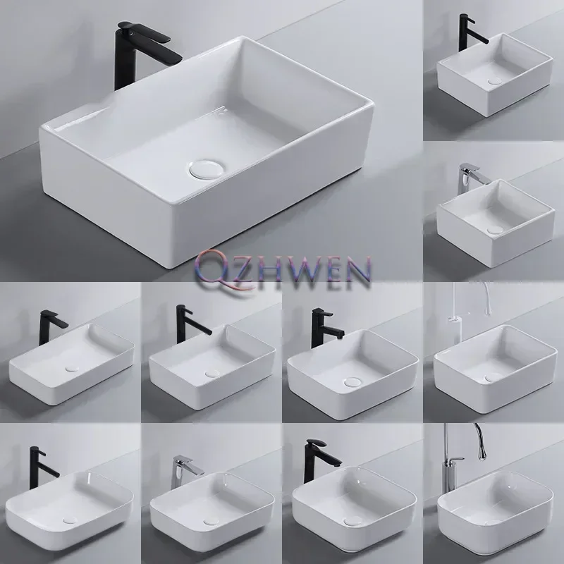 Simple White Ceramic Wash Basin Home Balcony Bathroom Sink Square Round Washhand Stand Washbasin with Drainer Mini Bowl Basin