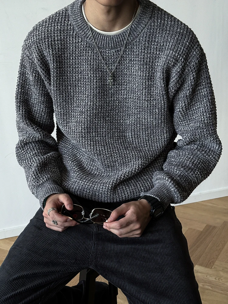 Japanese Style Heavyweight Chunky Knit Sweater For Men Fall Winter Solid Color Minimalist Round Neck Casual Pullover Trendy Male
