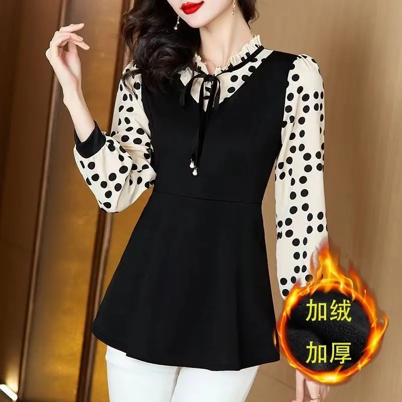 Long Sleeved Polka Dot Top for Spring and Autumn New Style for Slimm Casual and Age Reducing Medium to Long Length Base Shirt