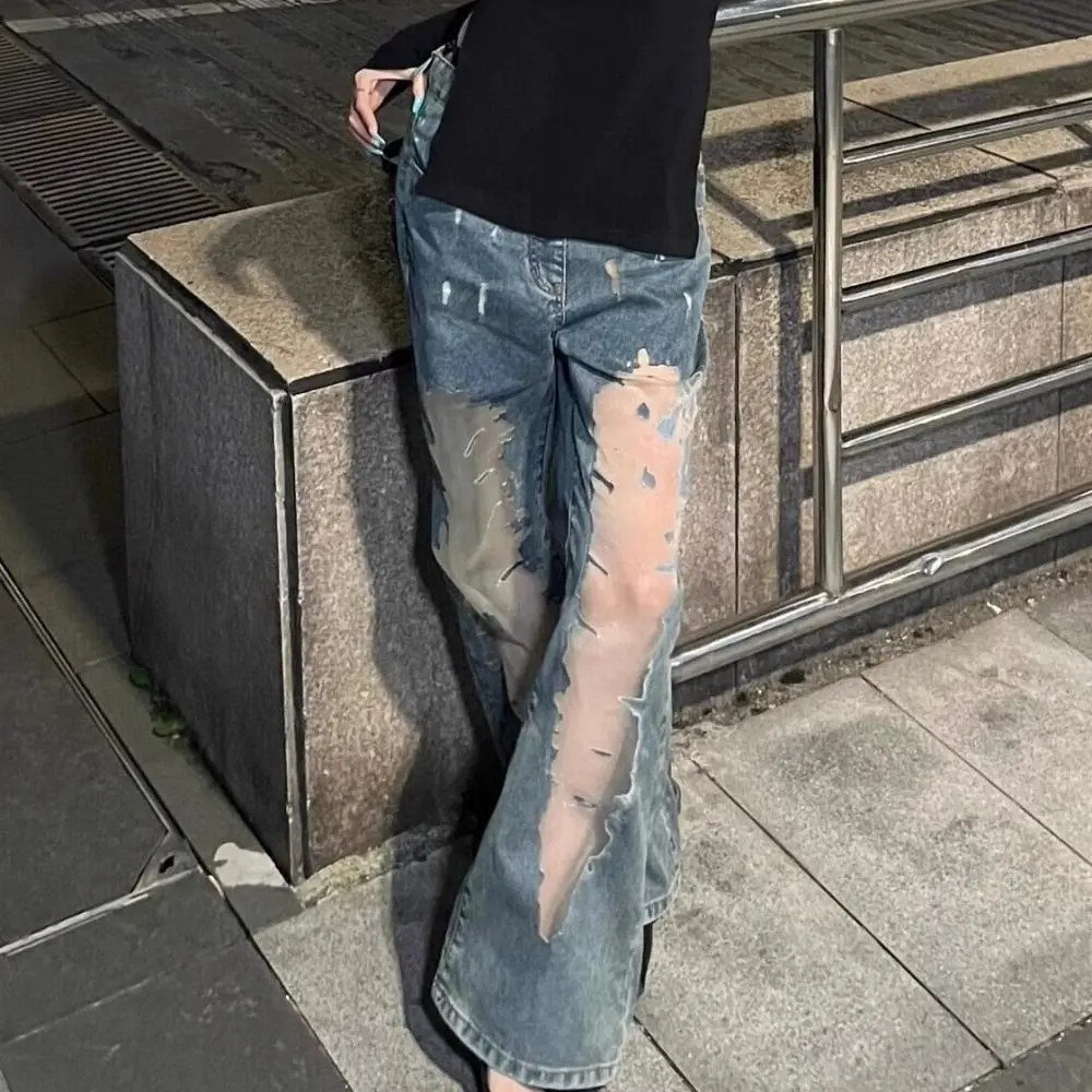 

Cool High Waist Casual Mesh Jeans Loose Irregular Wide Leg Denim Pants Straight Trousers Ripped Jeans Women