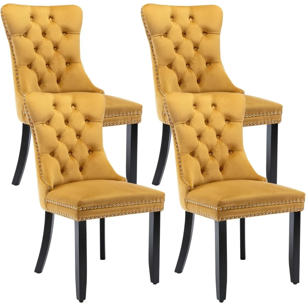 

Velvet Dining Chairs Set of 4, Tufted Dining Room Chairs with Nailhead Ring Pull Trim, Upholstered Dining Chairs with Solid Wood