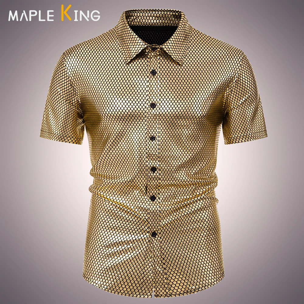 Nightclub Dress Gold Bronzing Metallic Shirts for Men Short Sleeve Stage Prom Steampunk Clothes Summer Mens Casual Chemise Homme