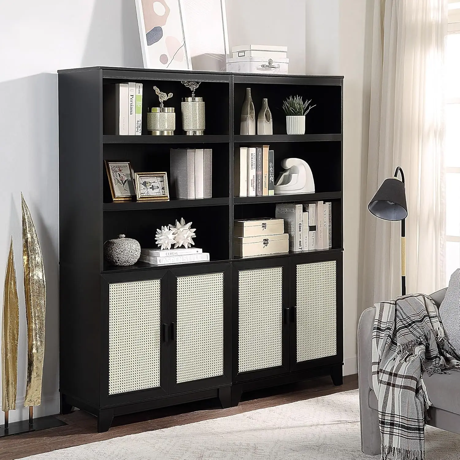 Manhattan Comfort Sheridan Modern Cane Bookcase With Adjustable Open Shelves, Soft Close Doors, And Concealed Compartments,