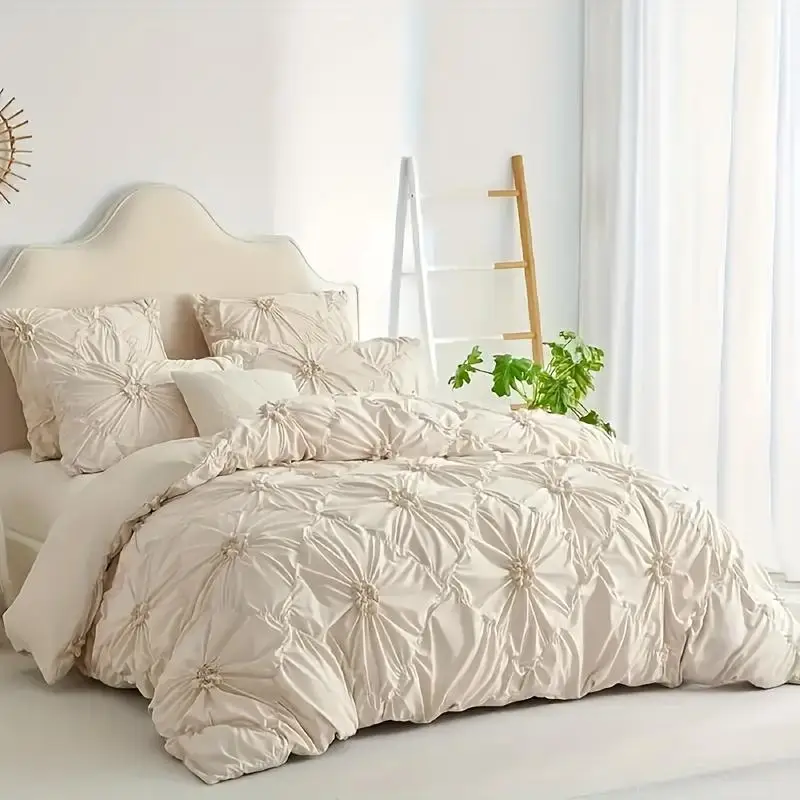 

3pcs Bohemian Rhomboid Plaid Stereoscopic Flower Plain Colour Quilt Cover Set(1 Duvet Cover +2 Pillowcase Without Pillow Core)