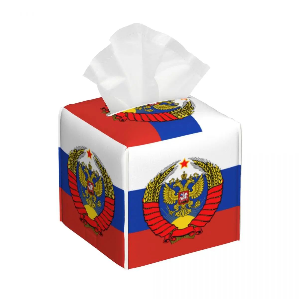 Custom Flag Of Russia With Soviet Eagle Tissue Box Cover PU Leather Square Coat of Arms Facial Tissues Holder for Home