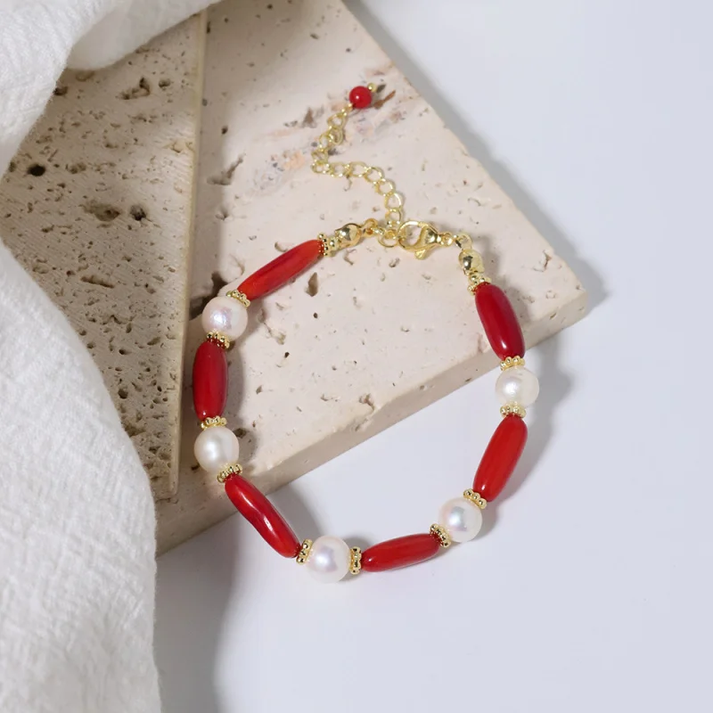 Natural Freshwater Pearl Red Coral Bracelet Layered Jewelry