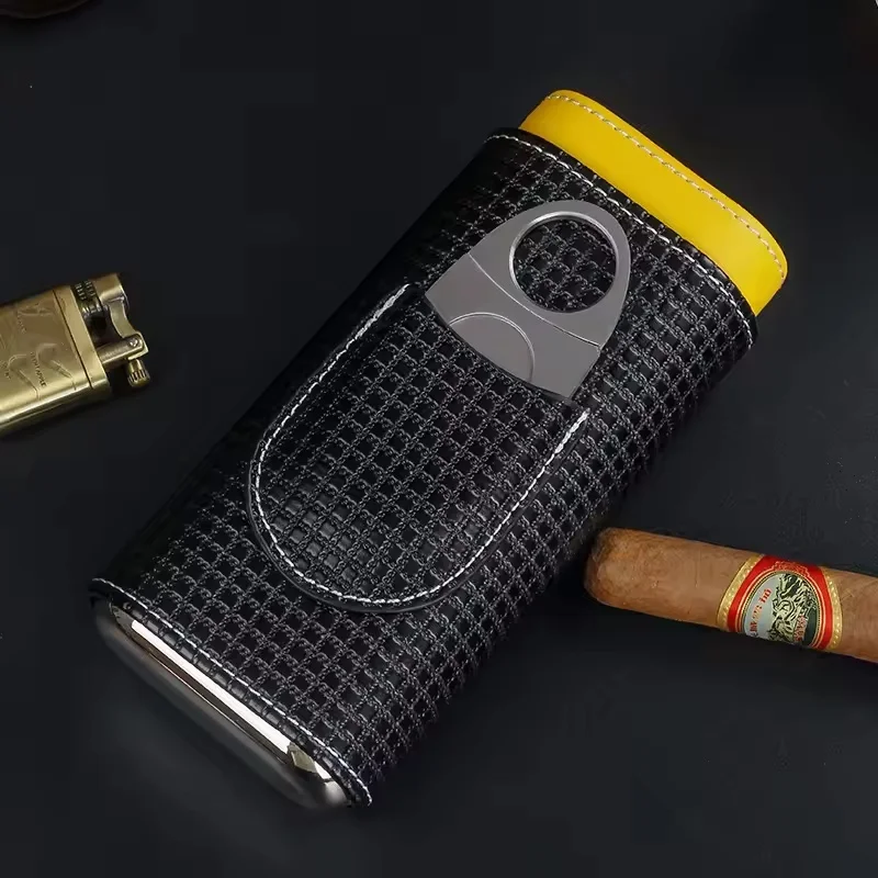 Portable Leather Cigar Humidor Case with Cedar Wood Lining 3-Finger Travel Cigar Box + Stainless Steel Cutter Men Gift