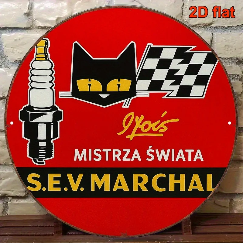 2D Flat, 1pc S.E.V. Marchal Vintage Racing Poster -  Garage Decor with Black Cat, Ignition Spark Plug, and Checkered Flags
