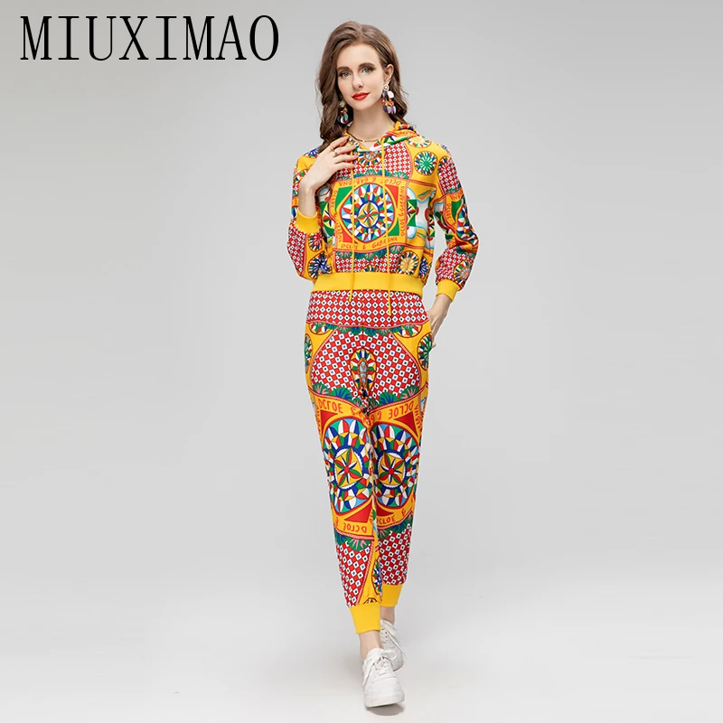 

MIUXIMAO 2023 Fall sets for women 2 pieces Luxury Sicily Elegant Set Prints Top+ Slim Pants Fashion Hooded pants sets women