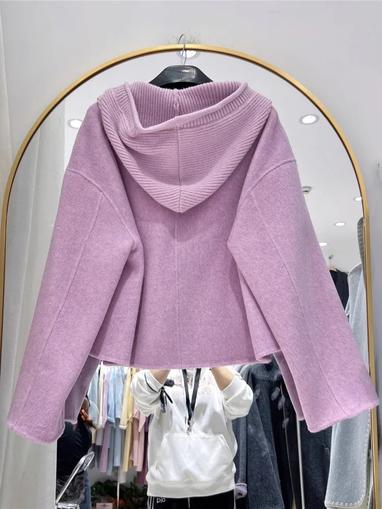 ZMEENNA Womens Short Wool Blend Cardigan Jacket Lilac Purple Hooded Knit Trim Casual Spring Autumn Outerwear ZM4663