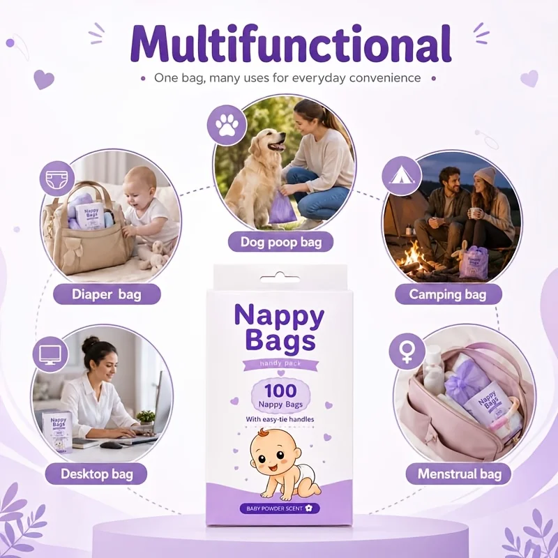 100-Pack Diaper Disposal Bags, Portable Disposable Diaper Wet Waste Bags, Scented Diaper Collection Bags, Vest-Style Baby Diaper Bags view 5