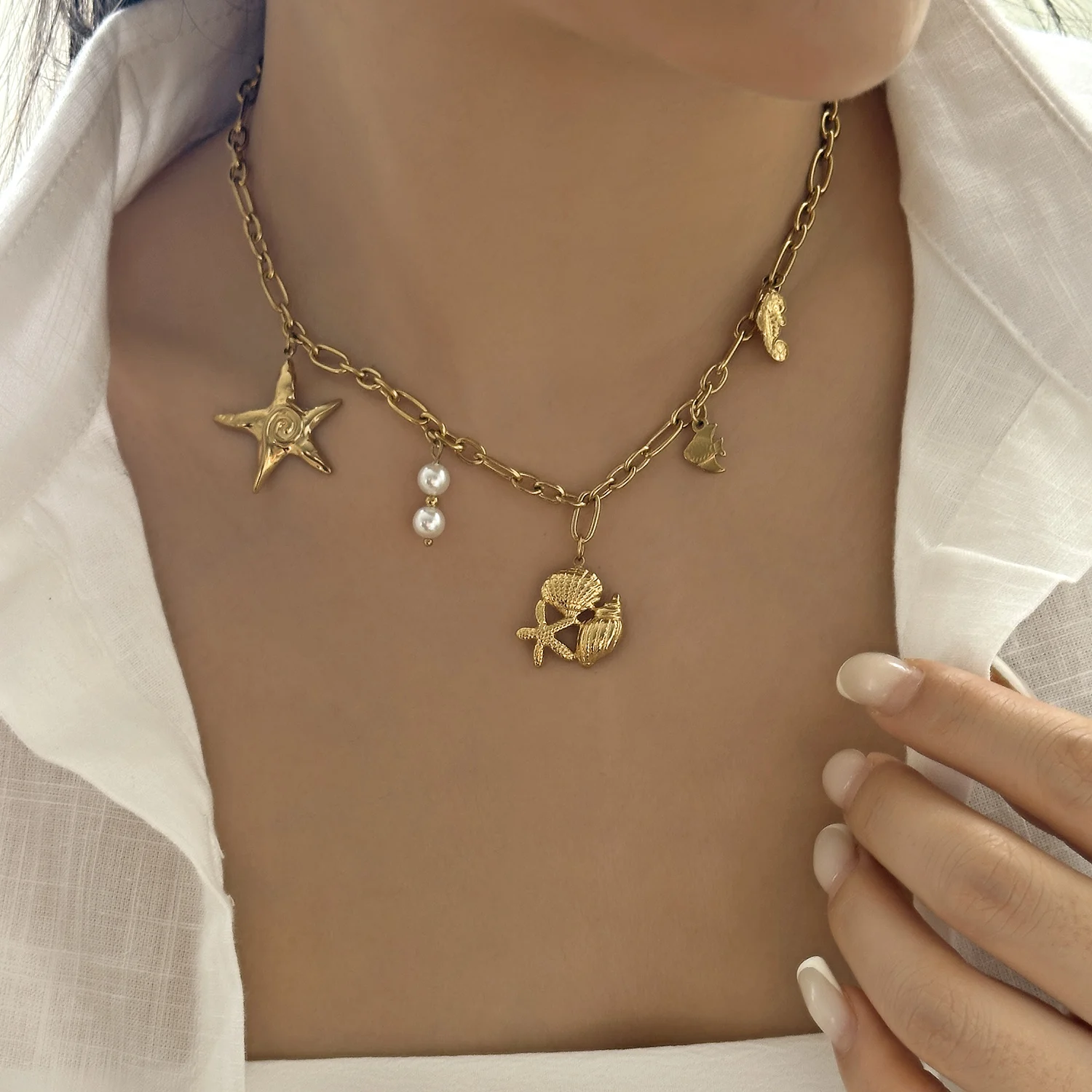 Mode Edelstahl Metall Conch Halsketten für Frauen Nette Shell Quaste Keramik Fisch Halsketten Party Täglichen Schmuck Geschenke – Detail 39