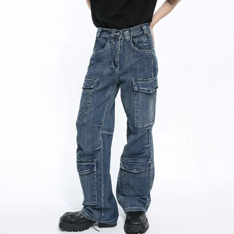 LUZHEN Solid 2024 Style Multi-pocket Male Patchwork Jeans American Men Denim Cargo Wide Leg Pants Cargo Trousers New Chic LZ6717