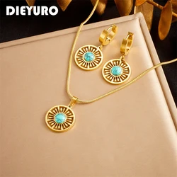 DIEYURO 316L Stainless Steel Vintage Crackle Stone Necklace Earrings For Women Girl New Party Gift Fashion Jewelry Set bijoux