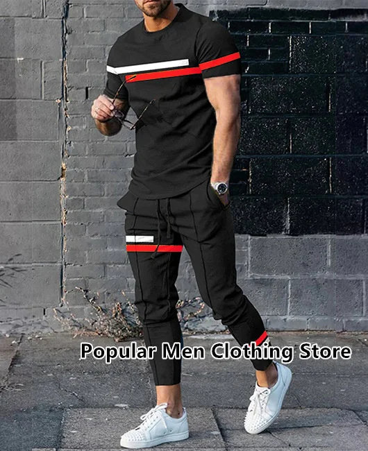 Summer Tracksuit For Men Vintage Print T-Shirt+Trousers Set Fashion Casual Suit Stylish Streetwear Male Outdoor Clothing