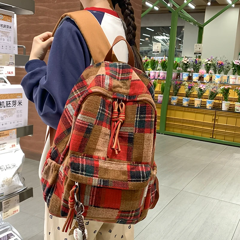 New Fashion Plaid Woollen Women Backpack Student Book Bag Backpacks for Teenage Girls School Bags Laptop Travel Rucksack