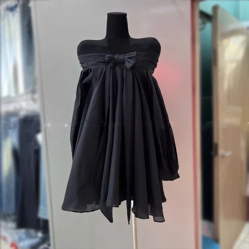 Lolita Sweet Bow Black Pink Red Super Mini Dress Small Girl Sexy Off Shoulder Loose Dress Lantern Sleeve Strapless Party Dress