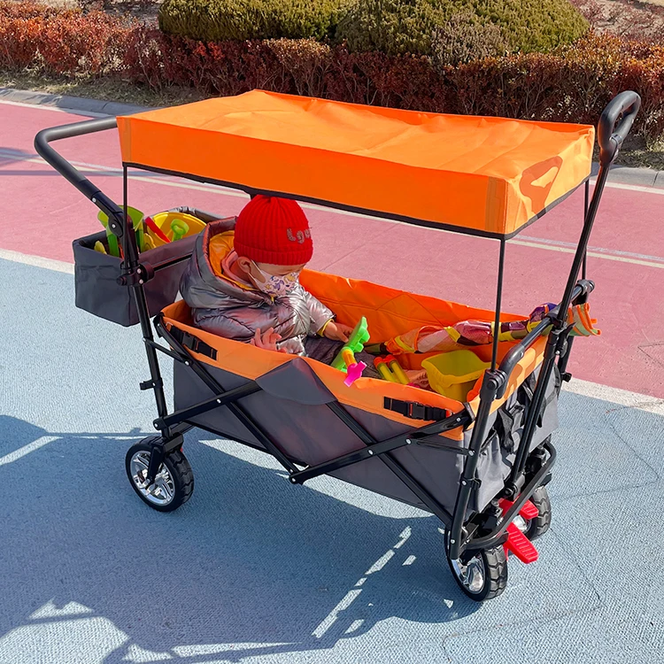 3-in-1 Canopy Portable Folding Beach Utility Cart Trolley Wagon Cart Folding Multipurpose Camp Wagon Cart