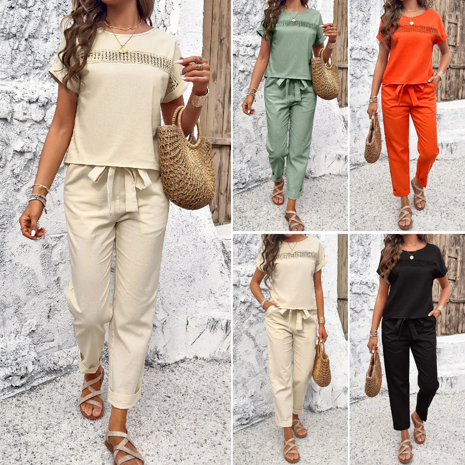 

2024 Fashion New Summer Casual Women's Two-piece Round Neck Short-sleeve Top + Lace-up Pocket Trousers Suit Female Outfit