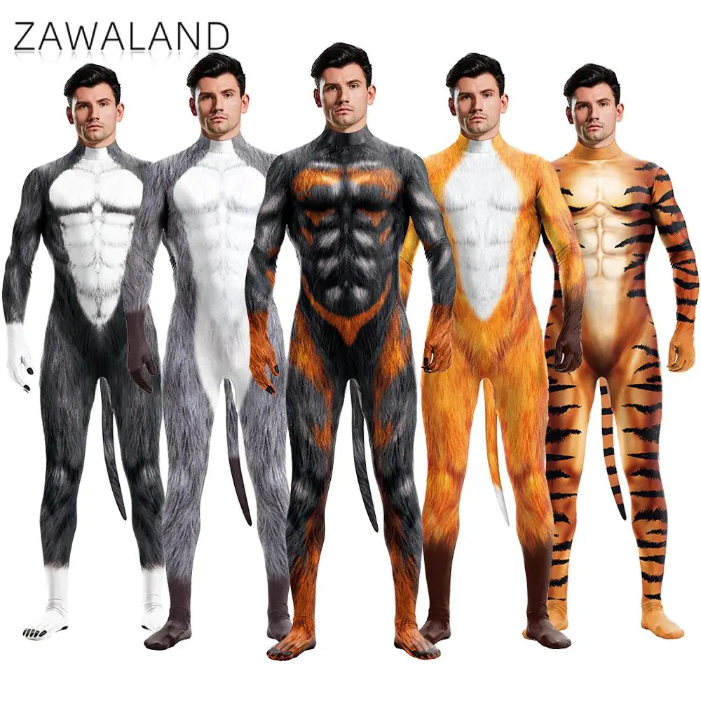 Zawaland สัตว์ Beast Unisex Full ยืดหยุ่นปาร์ตี้หมาป่า Zentai บอดี้สูท Halloween Jumpsuit คอสเพลย์เครื่องแต่งกาย Petsuit