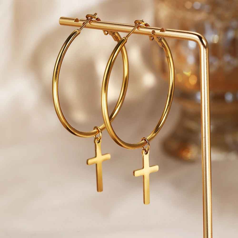 DGIDDK Stainless Steel Cross Small Pendant Earrings Female Male Trend Fashion Earrings Piercing Jewelry Teenage Party Gifts