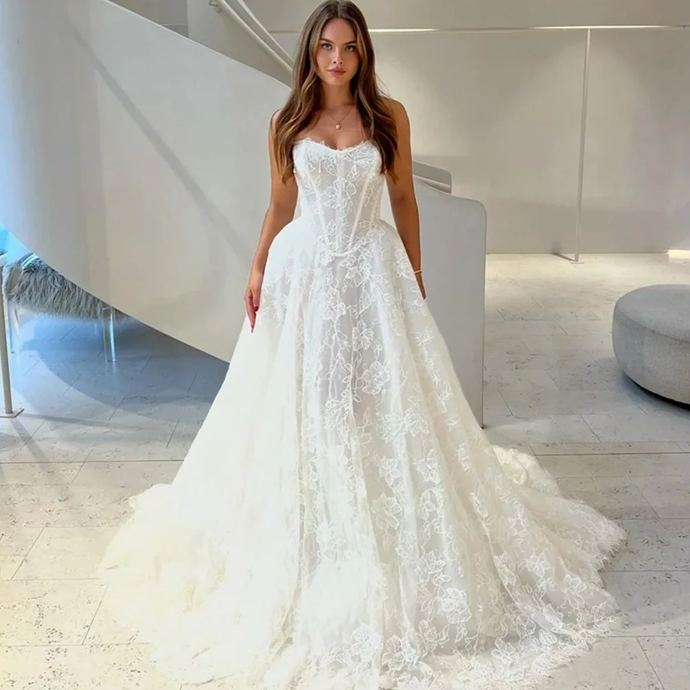 

Sweetheart Sleeveless Wedding Dress Modern A-Line Lace Up Back Vestido De Novia Delicate Appliques Lace Customized Bridal Gowns