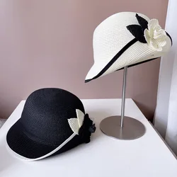 French Hepburn style camellia curly-edged straw hat Women's summer seaside beach Sunshade hat Black and white fisherman hat