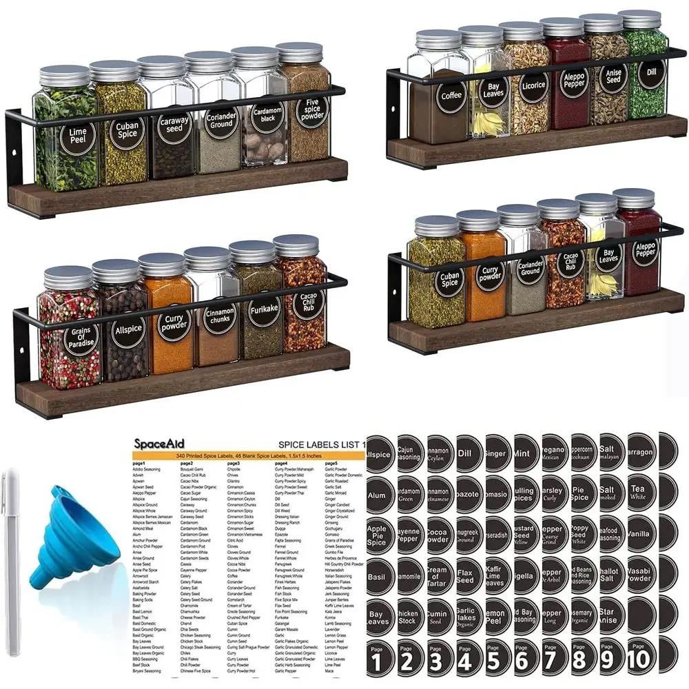 

4-Pack Wooden Hanging Spice Rack with 24 Jars, 386 Labels, Chalk Marker, and Funnel for Cabinet or Wall