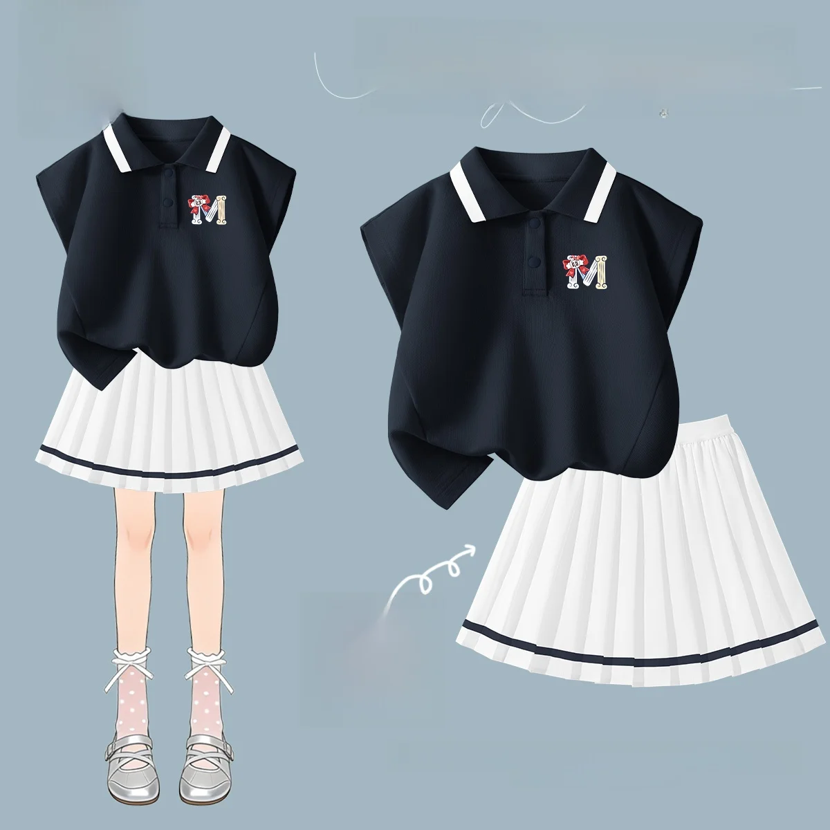 bobdog-children's-summer-outfit-girls'-sleeveless-top-and-pleated-skirt-set-cotton-polyester-blend-lightweight-breathable