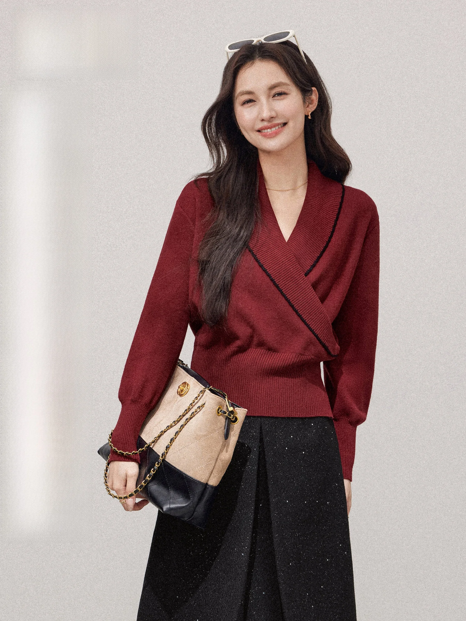 

Red V-Ne Cross Knitted Sweater Women's Casual Sle Long Sve Top for New Year 2026 Spring Online Exclusive Faion