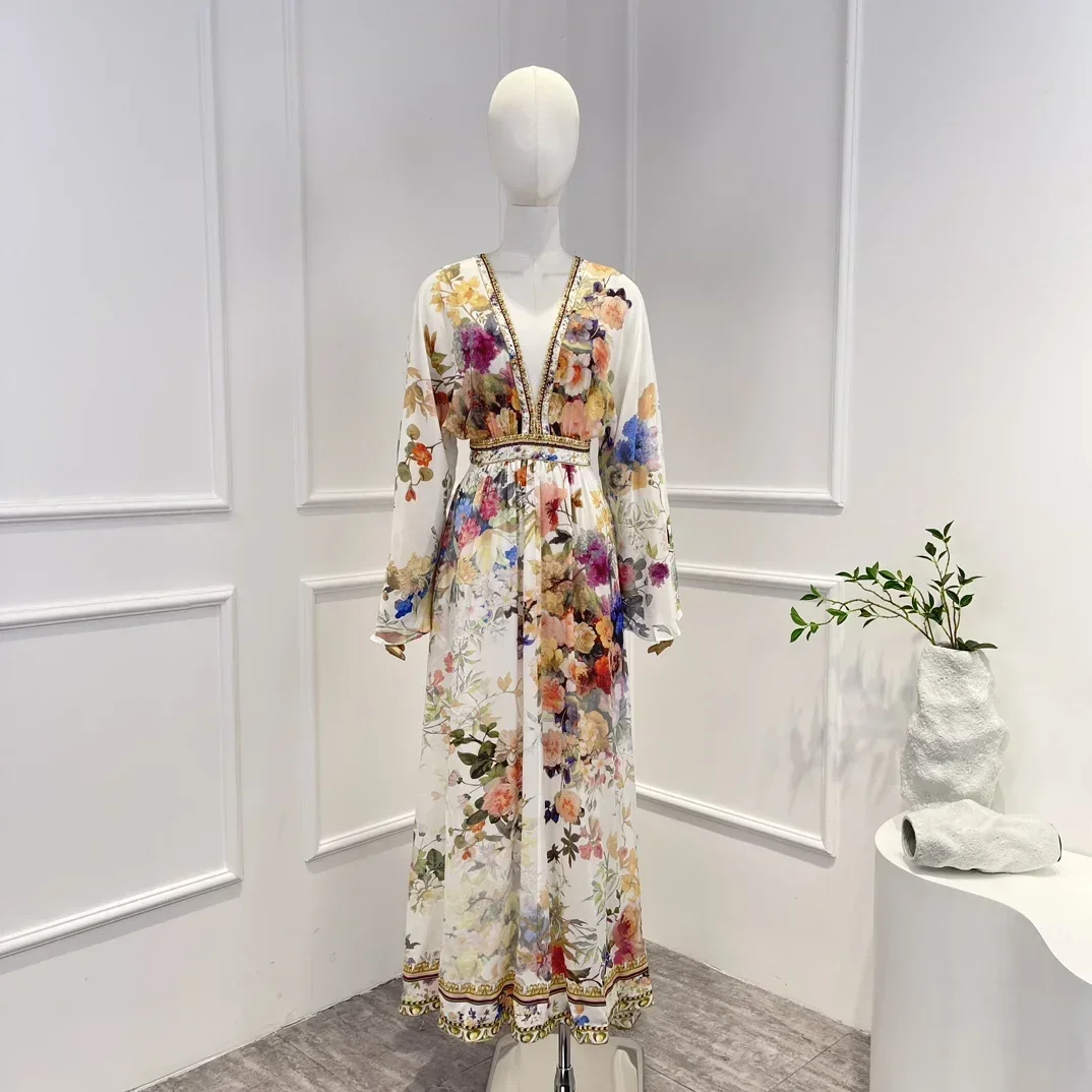 

Pure Silk Flower Printing Woman Dress Diamonds Pressed V-Neck Long Sleeve New Top Quality 2023 Clothing