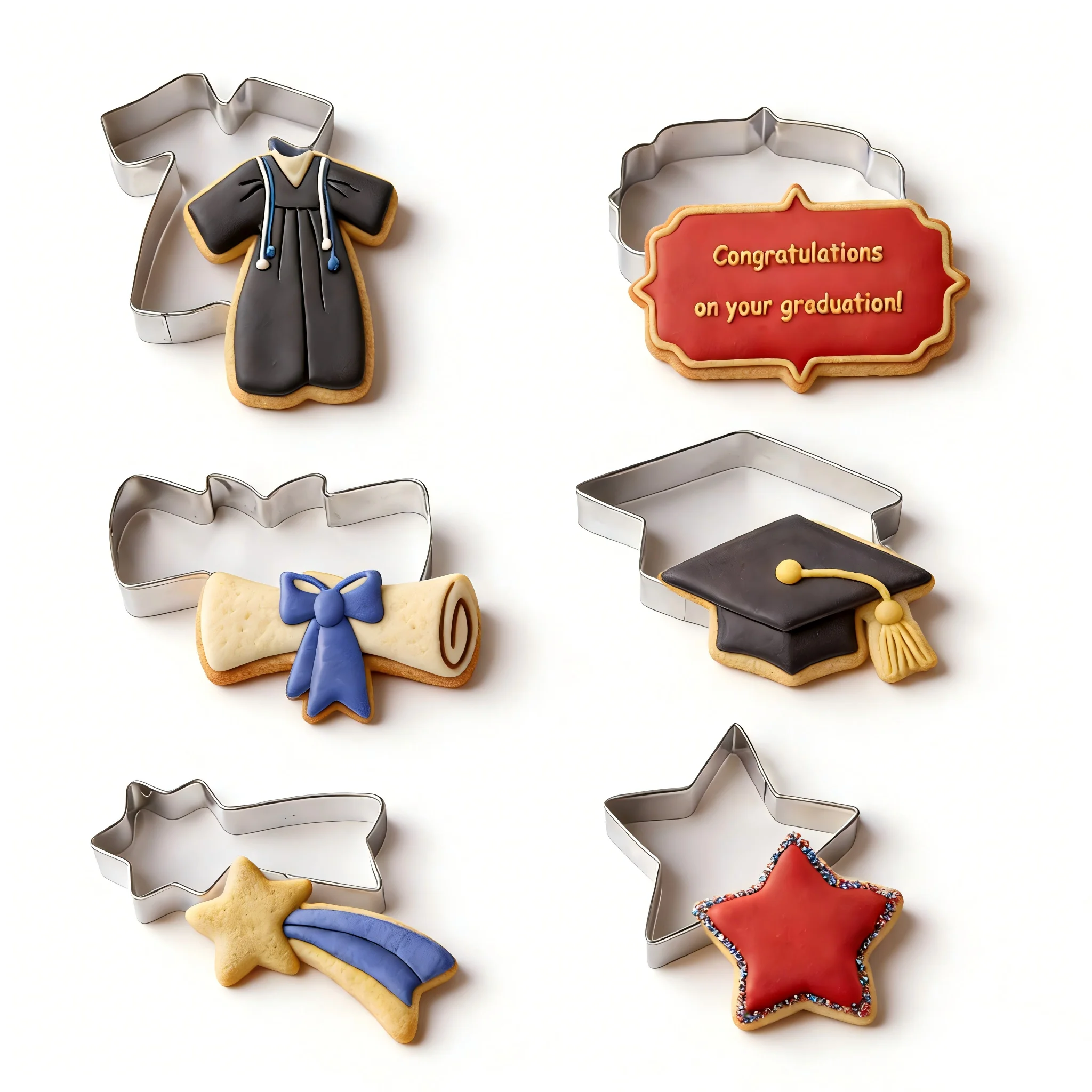 6PCS Graduation Cookie Cutter Set Durable Stainless Steel Smooth Edges Bachelor Molds for DIY Baking Grad Season Party Home Gift