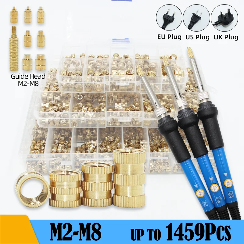 

1459x Heat Set Thread Brass Insert Nut M2 M3 M4 M5 M6 M8 Soldering Iron Tip Copper Insertion Nut Tool Kit for 3d Printing Part