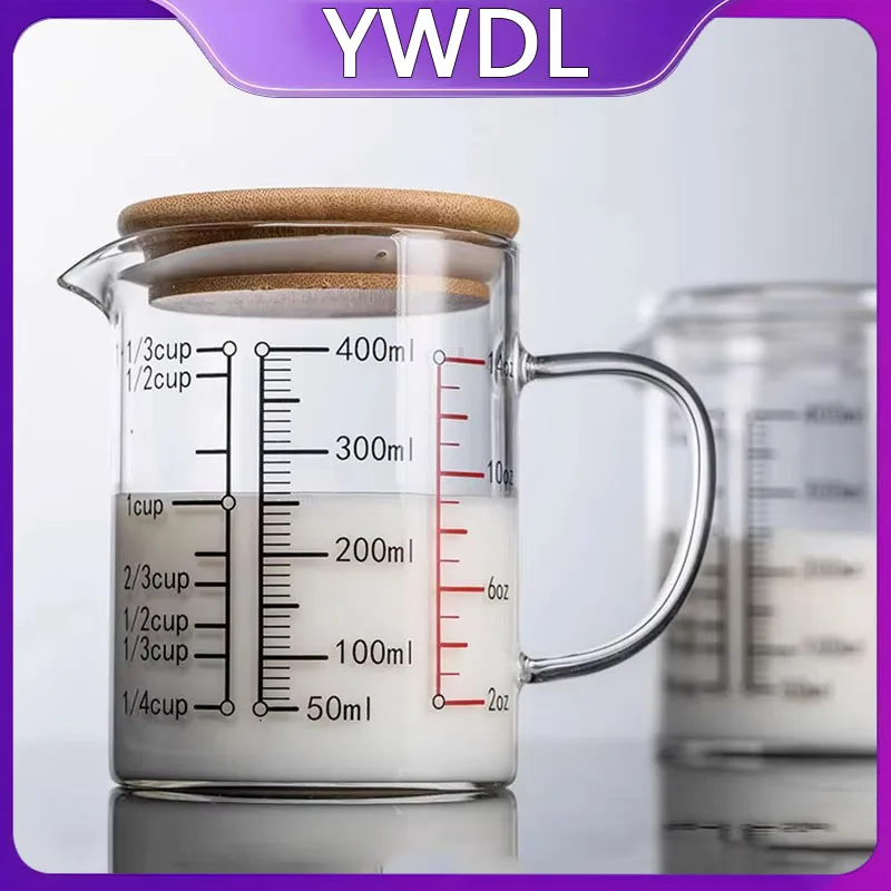 YWDL Heat-resistant Glass Measuring Cup With Wood Lid V-shaped Spout Laboratory Beaker Kitchen Baking Milk Coffee Measuring Mug