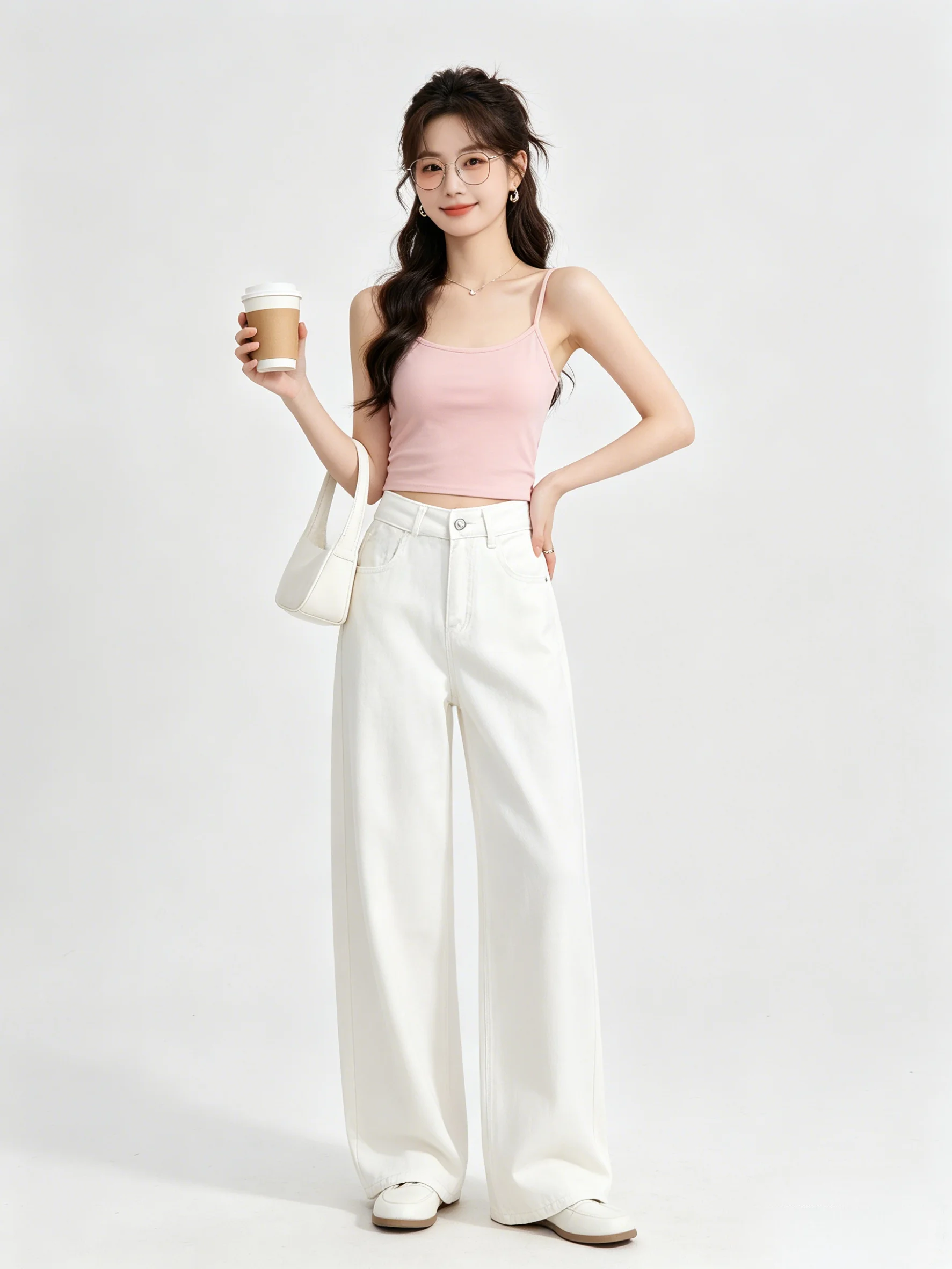 

Summer Korean High Waist Wide Leg Jeans Color Simple Loose Slimming Versatile Lazy Style Age Reduction Pants for Women