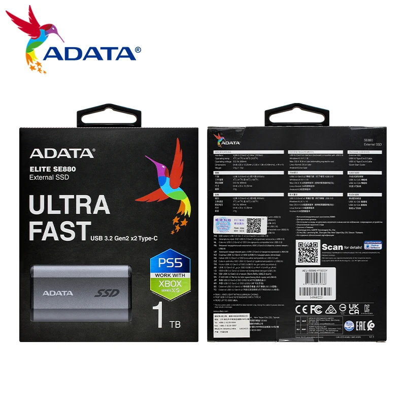 Imagem -06 - Ssd Externo Adata-elite Se880 Usb 3.2 Gen2x2 Tipo-c Usb 20gbps Unidade de Estado Sólido Portátil 500gb 1tb 2tb 4tb Max 2000 Mbps Pssd