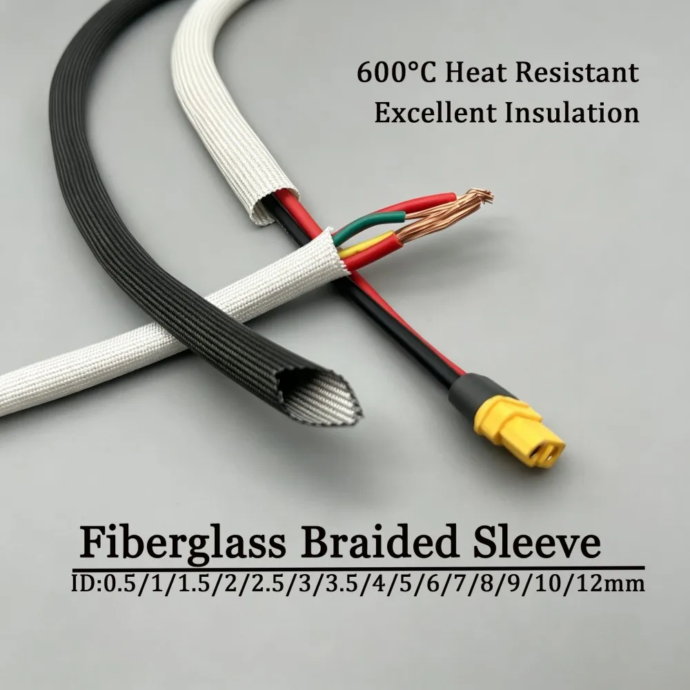 ID 1mm ~ 12 mm Braided Fiberglass Sleeve 600 Deg.C Black/White High Temperature Chemical Glass Fiber Tube Fiberglass Sleeving