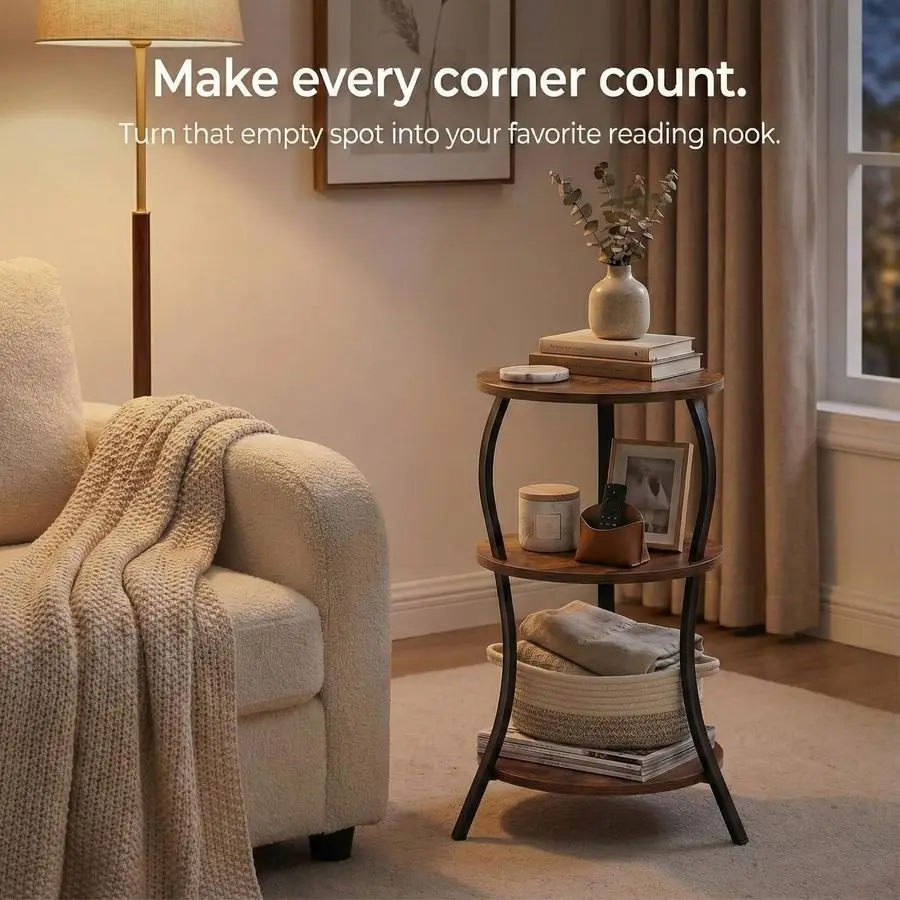 Small Round Side Table, 3Tier Slim Waist Circular End Table with Storage Shelf, Compact Tea Sofa Table, Round Corner Coffee Tab