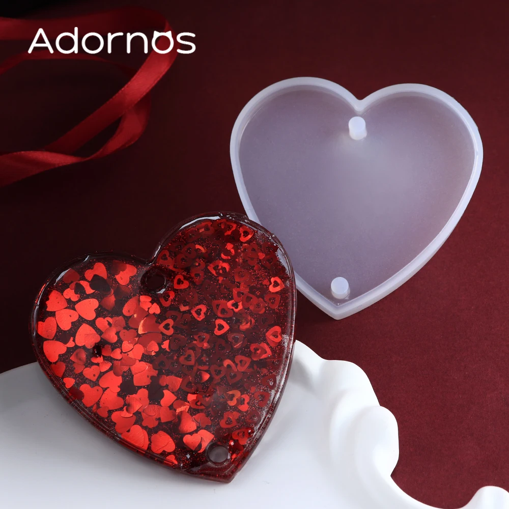 Valentines Day Double Hole Love Heart Epoxy Resin Filling Mold Photo Card Heart-Shaped Hanging Mold DIY Keychain Making Supplies