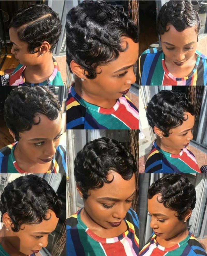 شعر مستعار بموجات الأصابع، شعر بشري قصير بقص عابث، باروكات شعر بشري برازيلي للنساء، مصنوعة آليًا بالكامل، جاهزة للارتداء #3