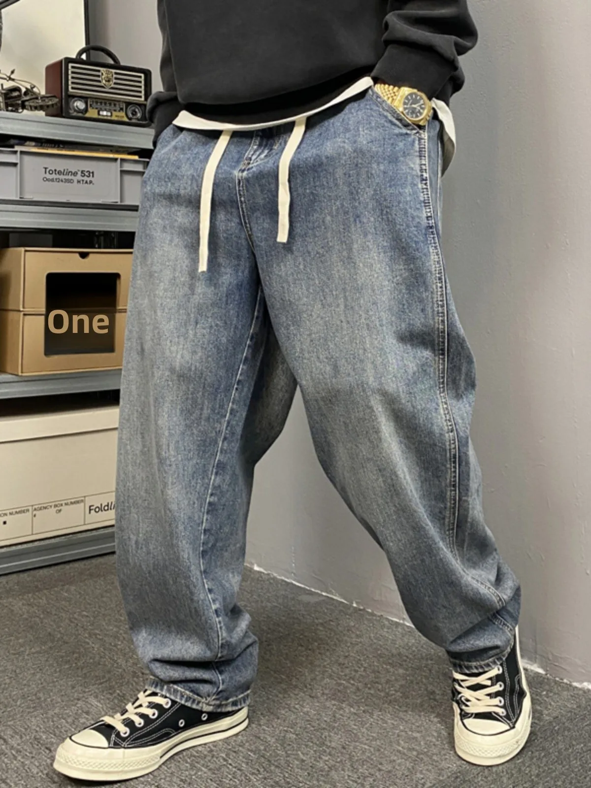 American Style Casual Faded Fat Jeans Men's Straight Loose plus Size Bell Bottom Pants Wear Resistant Long Trousers