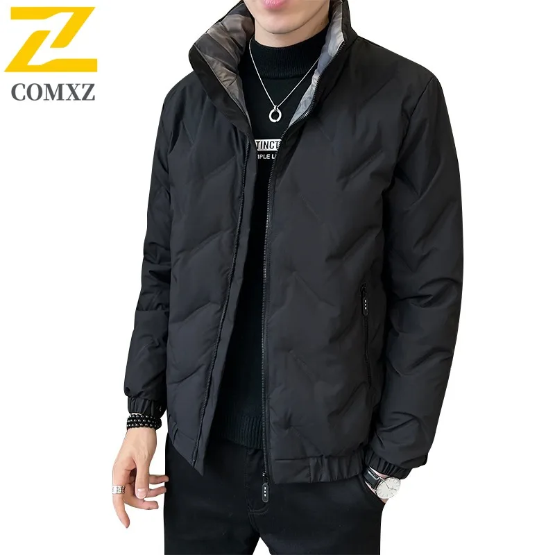 COMXZ 2025 Mens Stand Collar Puffer Jacket American style Winter Tactics Trendy Casual Outdoor Sport Waterproof Windproof Coat