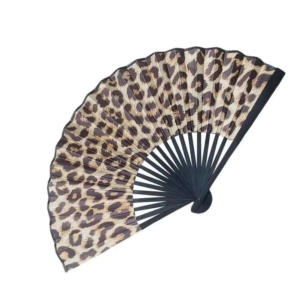 Leque Dobrável Durável com Estampa de Leopardo e Estrutura Preta, Leque Clássico Elegante para Dança, Leve e Grande, Presentes para Mulheres em Festas