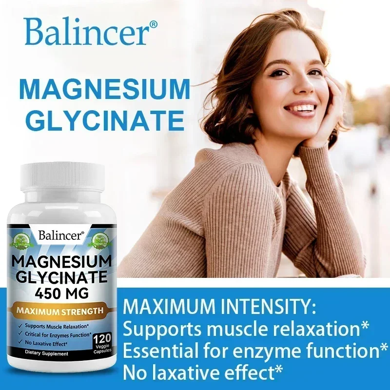 Magnesium Glycinate Supplement 450 Mg, Highly Absorbed, for Women and Men, Muscle, Enzyme Function, Non-GMO Vegetable Capsules