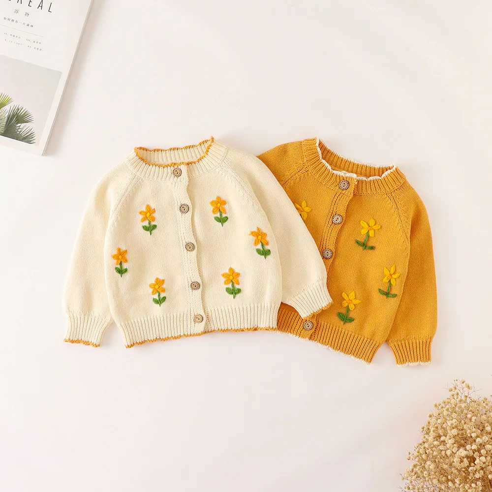 2026 Autumn Girls Baby Children's Jacket Hand Hook Embroidered Flower Knitted Sweater Cotton Yarn Long Sleeve Cardigan