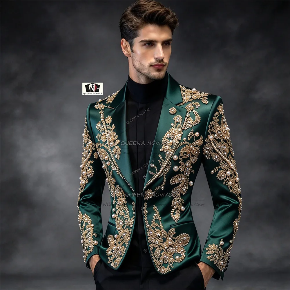 Designer Suit's Jacket Sparkly Beaded Stones Satin Groom Wedding Tuxedo 1 Piece Man Banquet Attire Slim Fit Trajes Para Hombre